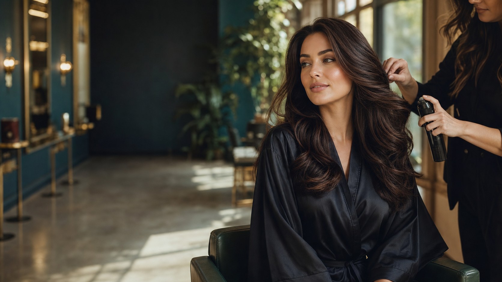 Hairstylist trimming a client's hair in a warm modern salon